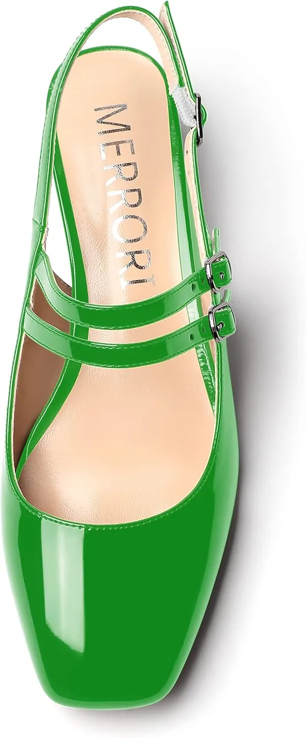 MERRORI Women's Pumps Patent Slingback Block Square Toe Buckle Dress Shoes Low Heel Pumps Shoes 1.5 Inch