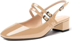 MERRORI Women's Pumps Patent Slingback Block Square Toe Buckle Dress Shoes Low Heel Pumps Shoes 1.5 Inch