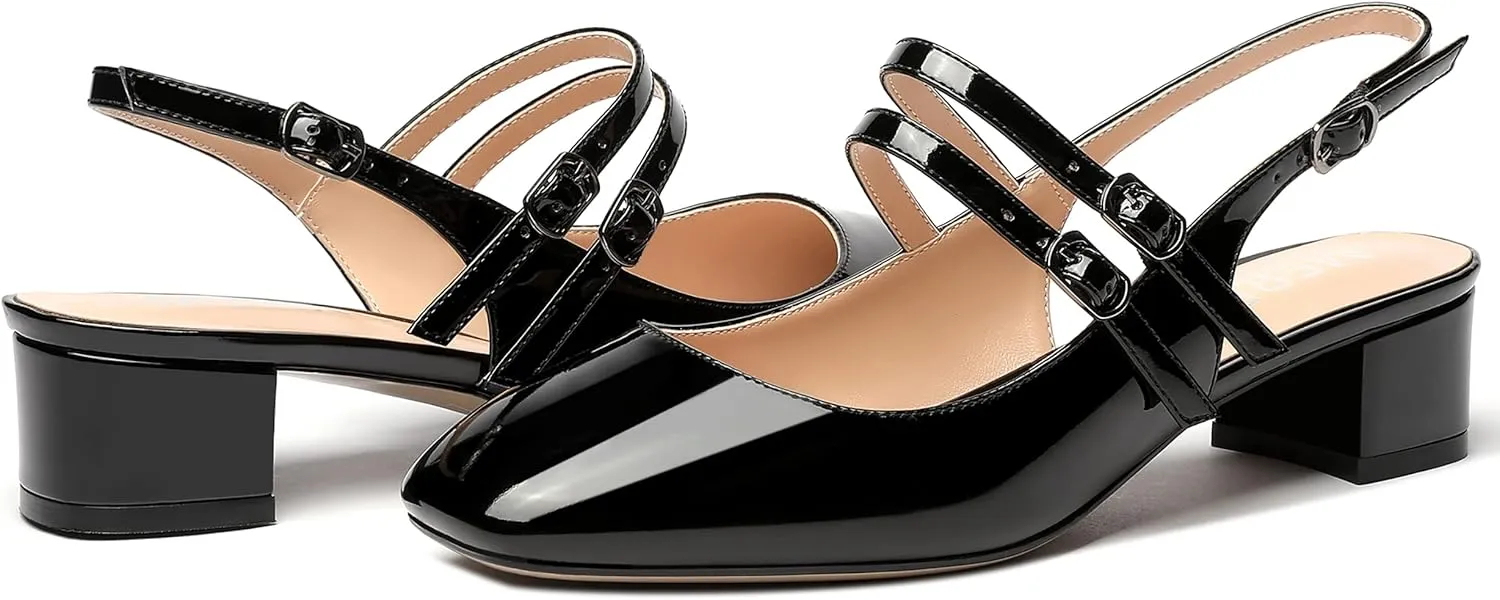MERRORI Women's Pumps Patent Slingback Block Square Toe Buckle Dress Shoes Low Heel Pumps Shoes 1.5 Inch