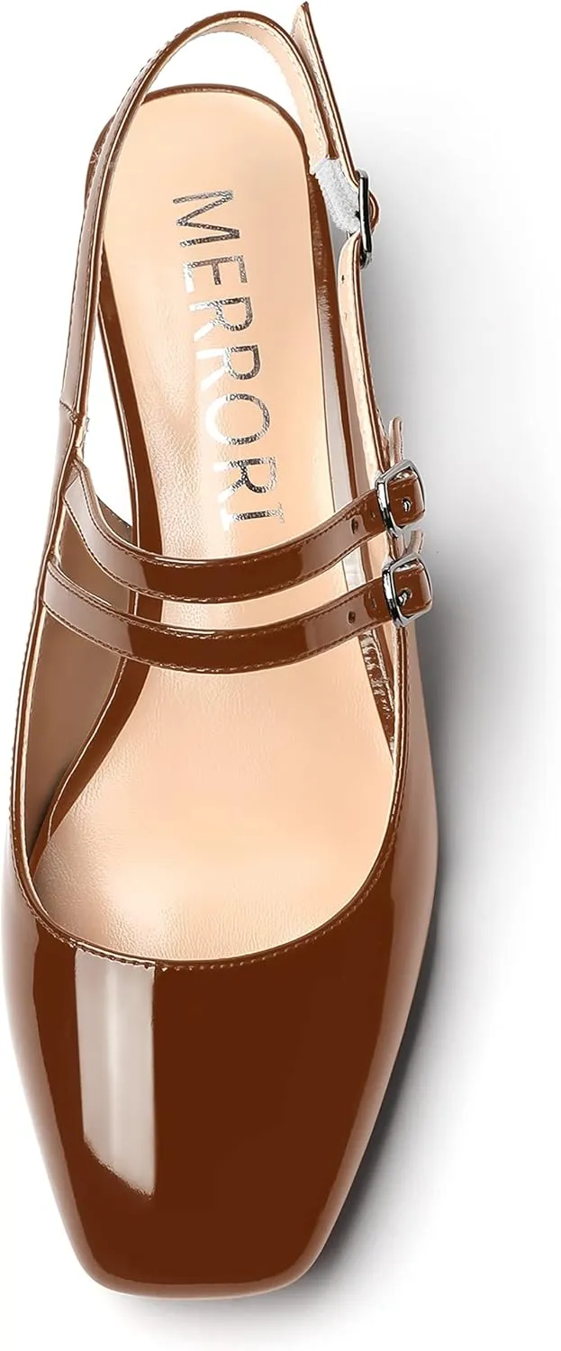 MERRORI Women's Pumps Patent Slingback Block Square Toe Buckle Dress Shoes Low Heel Pumps Shoes 1.5 Inch