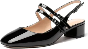 MERRORI Women's Pumps Patent Slingback Block Square Toe Buckle Dress Shoes Low Heel Pumps Shoes 1.5 Inch