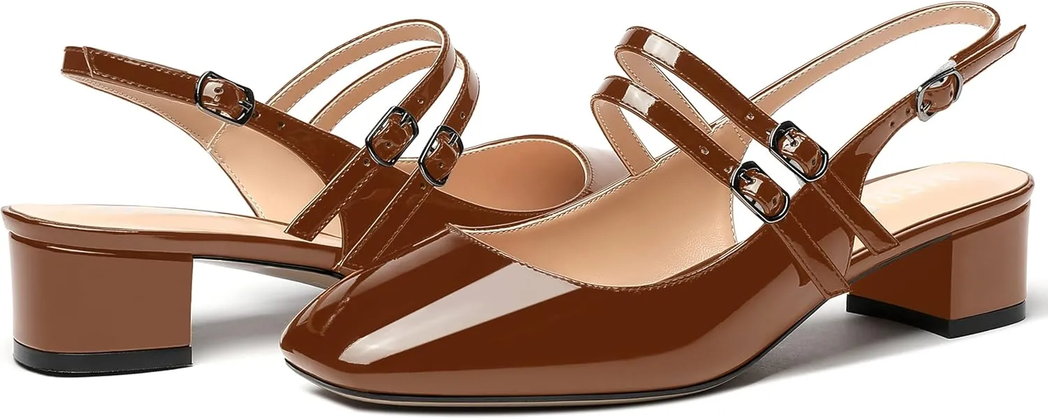 MERRORI Women's Pumps Patent Slingback Block Square Toe Buckle Dress Shoes Low Heel Pumps Shoes 1.5 Inch