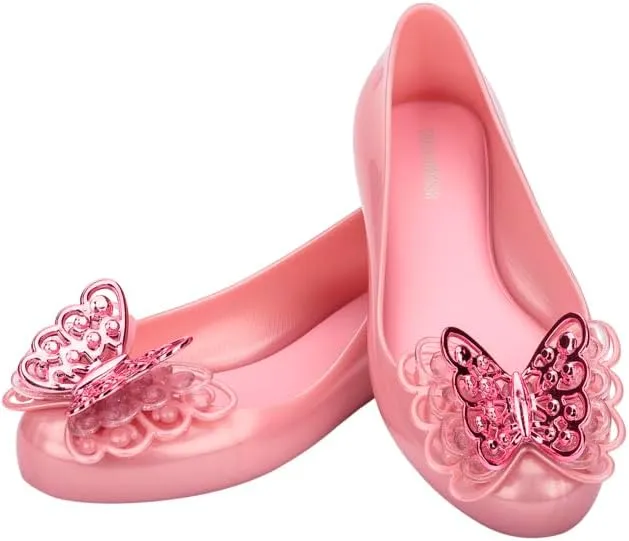 mini melissa Sweet Love Fly Jelly Flats for Girls- Girl's Ballet Flats w/Butterfly Design, Ballerina Flats, Kids Jelly Shoes