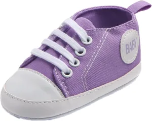 Newborn Baby Girls Boys Canvas Shoes Soft Sole Slip On High Top First Walking Sneaker Flat Lace up (Purple, 6-9Months)