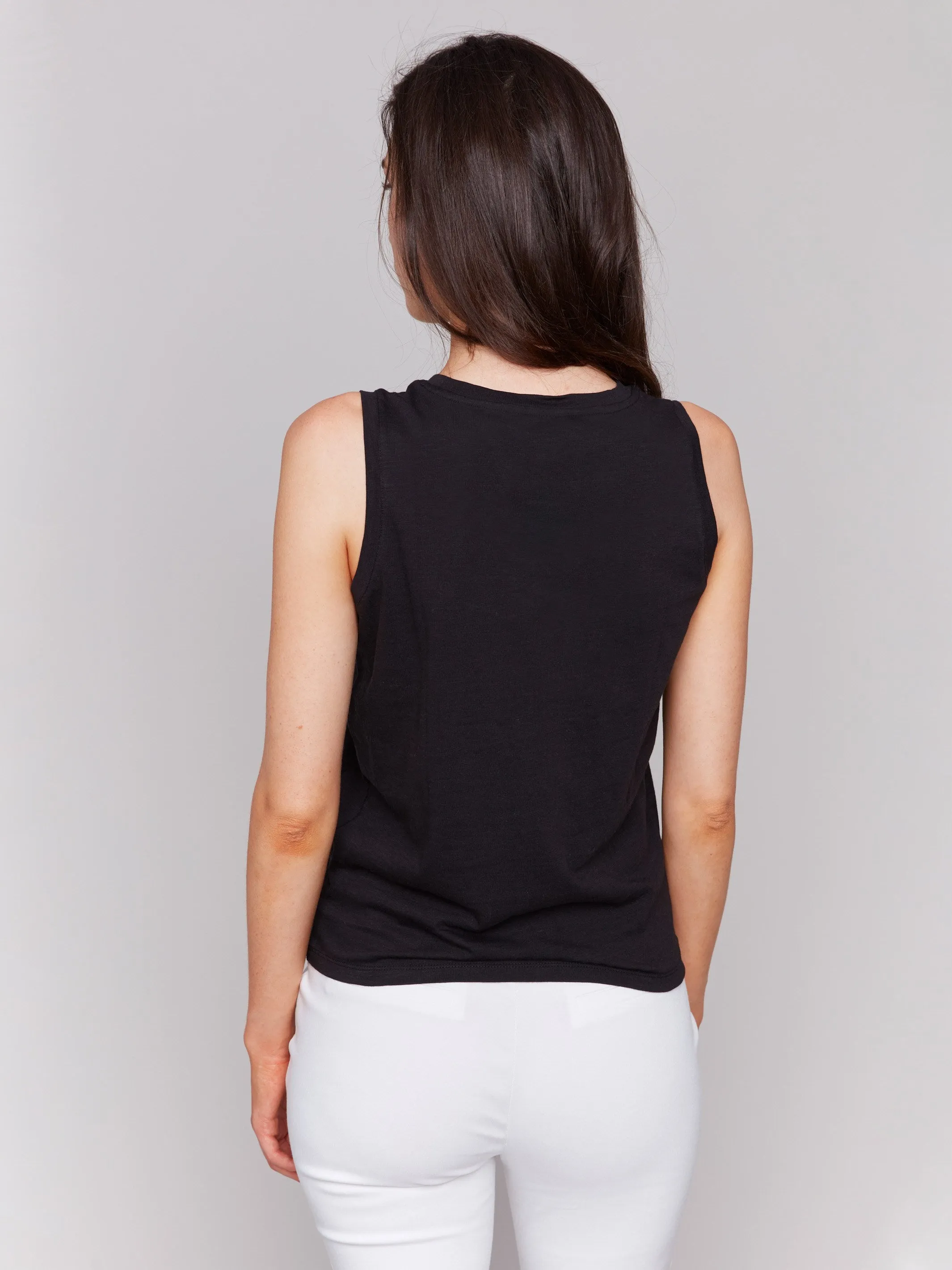 Organic Cotton Slub Tank Top with Knot Detail - Black