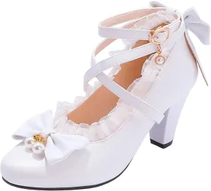 Parisuit Women's Chunky High Heels Ankle Strap Pumps Mary Jane Bow Lace Dress Shoes
