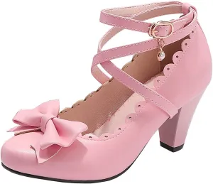 Parisuit Women's Chunky High Heels Ankle Strap Pumps Mary Jane Bow Lace Dress Shoes