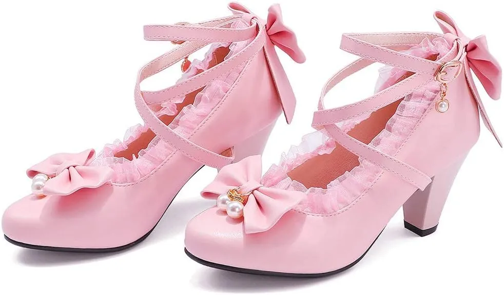 Parisuit Women's Chunky High Heels Ankle Strap Pumps Mary Jane Bow Lace Dress Shoes