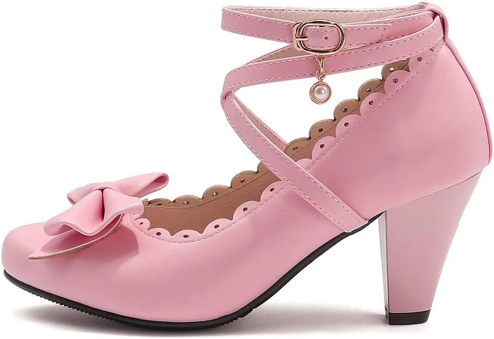 Parisuit Women's Chunky High Heels Ankle Strap Pumps Mary Jane Bow Lace Dress Shoes
