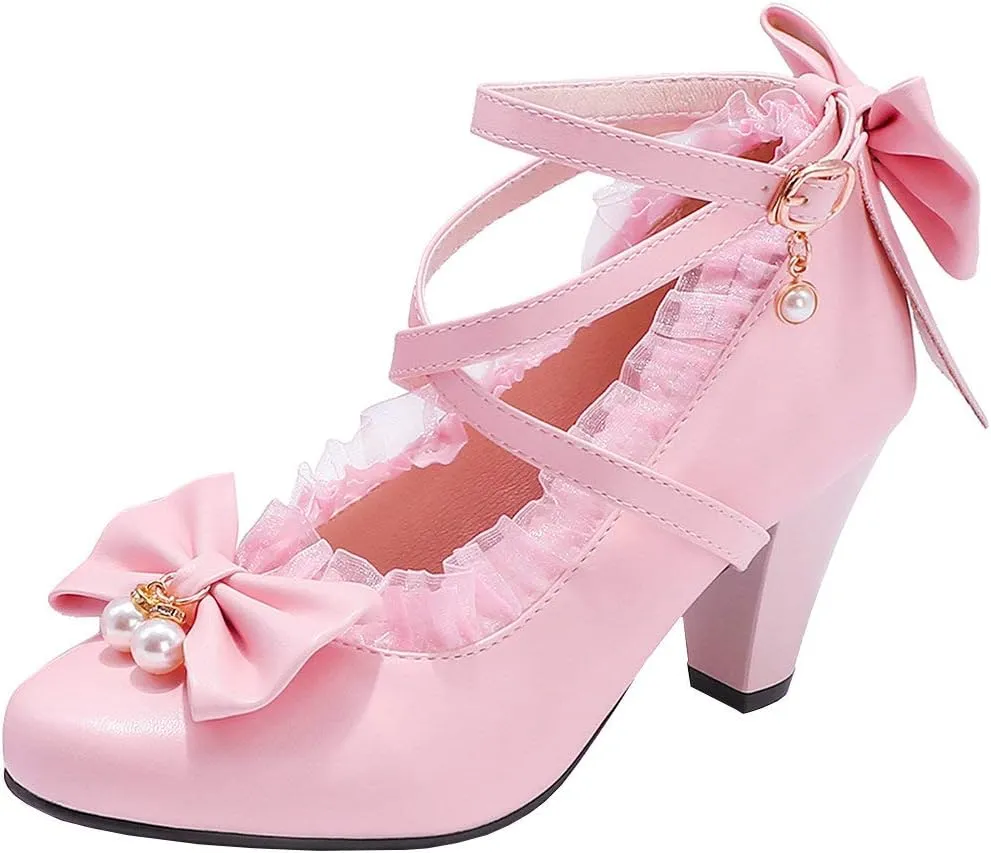 Parisuit Women's Chunky High Heels Ankle Strap Pumps Mary Jane Bow Lace Dress Shoes
