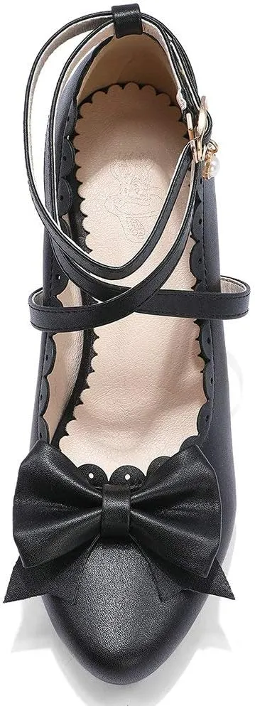 Parisuit Women's Chunky High Heels Ankle Strap Pumps Mary Jane Bow Lace Dress Shoes