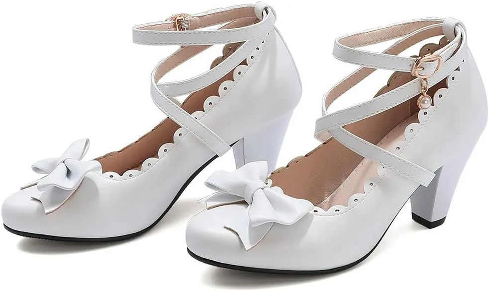 Parisuit Women's Chunky High Heels Ankle Strap Pumps Mary Jane Bow Lace Dress Shoes