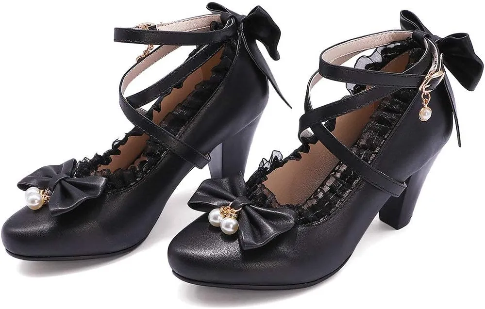 Parisuit Women's Chunky High Heels Ankle Strap Pumps Mary Jane Bow Lace Dress Shoes