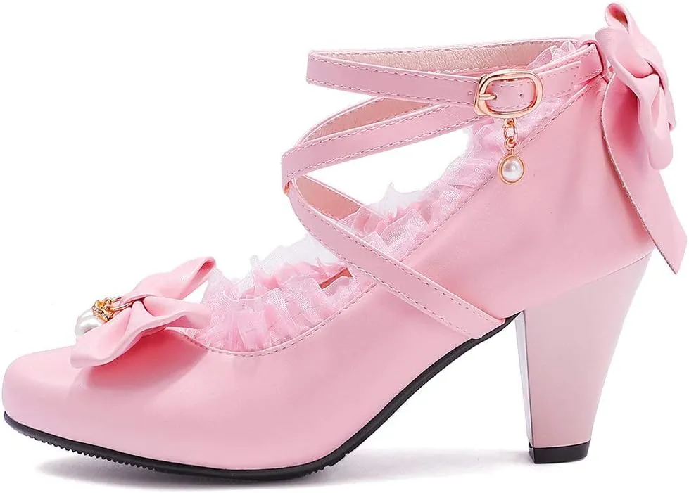 Parisuit Women's Chunky High Heels Ankle Strap Pumps Mary Jane Bow Lace Dress Shoes