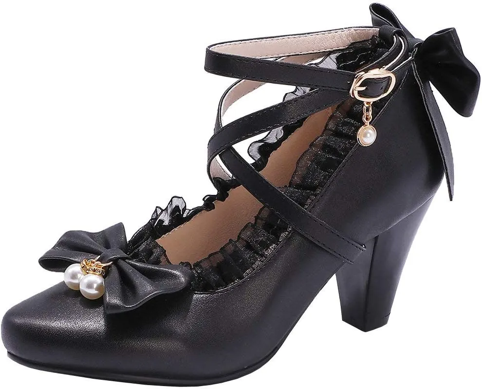 Parisuit Women's Chunky High Heels Ankle Strap Pumps Mary Jane Bow Lace Dress Shoes