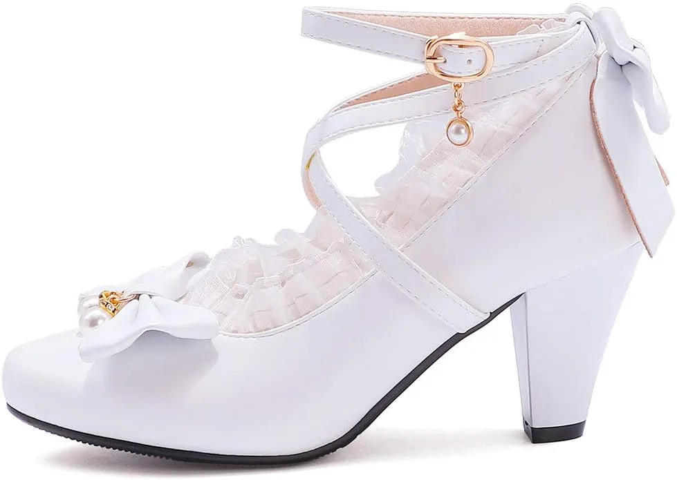 Parisuit Women's Chunky High Heels Ankle Strap Pumps Mary Jane Bow Lace Dress Shoes