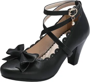 Parisuit Women's Chunky High Heels Ankle Strap Pumps Mary Jane Bow Lace Dress Shoes