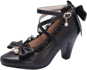 Parisuit Women's Chunky High Heels Ankle Strap Pumps Mary Jane Bow Lace Dress Shoes