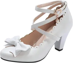 Parisuit Women's Chunky High Heels Ankle Strap Pumps Mary Jane Bow Lace Dress Shoes