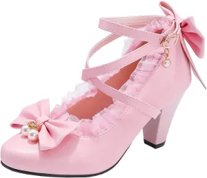 Parisuit Women's Chunky High Heels Ankle Strap Pumps Mary Jane Bow Lace Dress Shoes