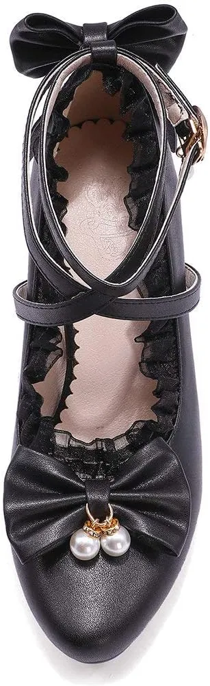 Parisuit Women's Chunky High Heels Ankle Strap Pumps Mary Jane Bow Lace Dress Shoes