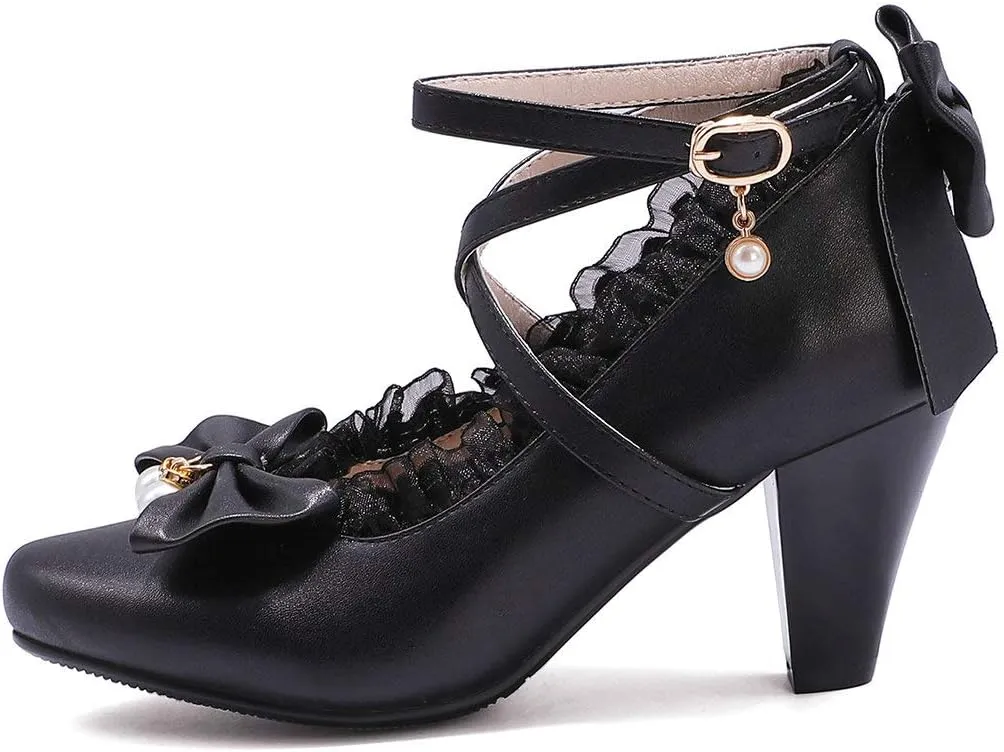 Parisuit Women's Chunky High Heels Ankle Strap Pumps Mary Jane Bow Lace Dress Shoes