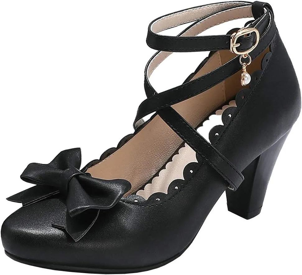 Parisuit Women's Chunky High Heels Ankle Strap Pumps Mary Jane Bow Lace Dress Shoes