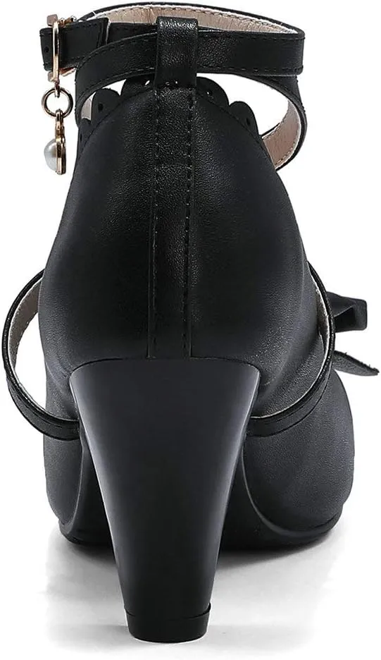 Parisuit Women's Chunky High Heels Ankle Strap Pumps Mary Jane Bow Lace Dress Shoes