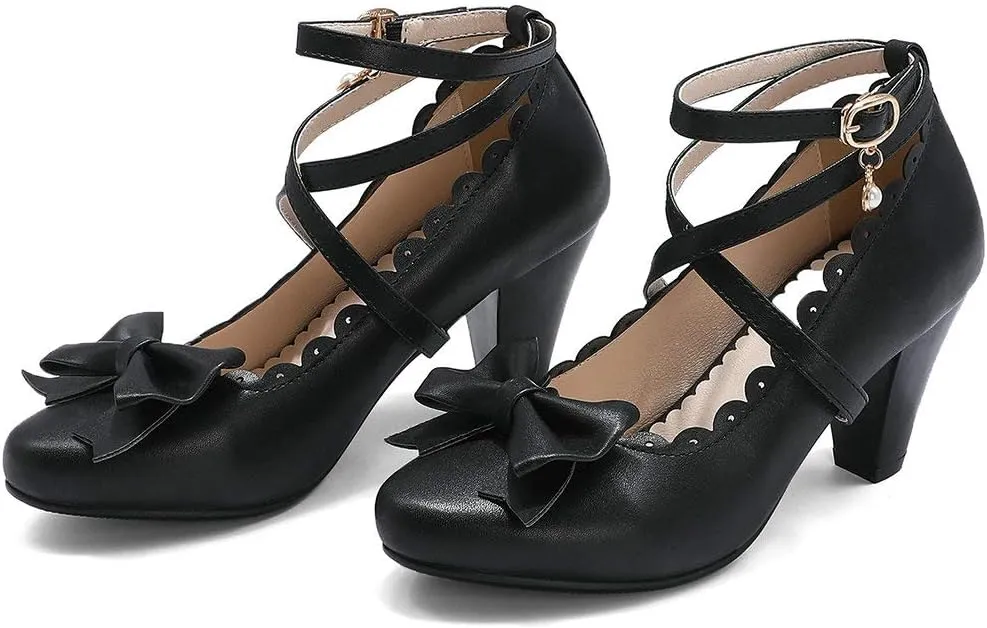 Parisuit Women's Chunky High Heels Ankle Strap Pumps Mary Jane Bow Lace Dress Shoes