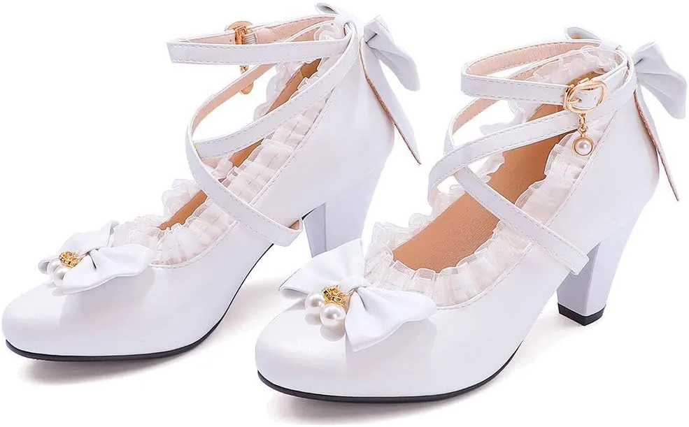Parisuit Women's Chunky High Heels Ankle Strap Pumps Mary Jane Bow Lace Dress Shoes