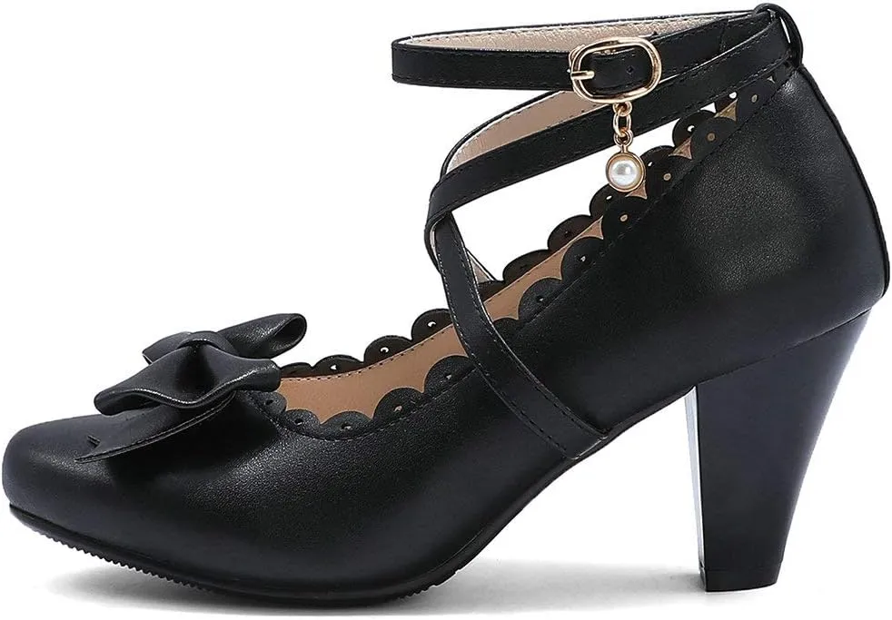 Parisuit Women's Chunky High Heels Ankle Strap Pumps Mary Jane Bow Lace Dress Shoes