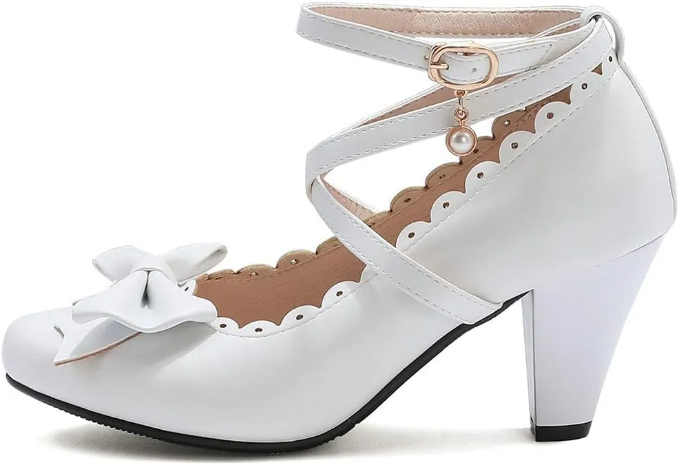 Parisuit Women's Chunky High Heels Ankle Strap Pumps Mary Jane Bow Lace Dress Shoes