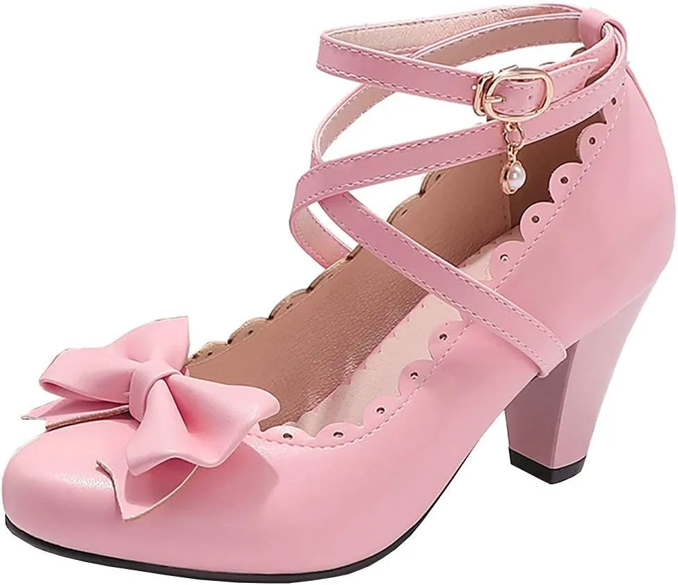 Parisuit Women's Chunky High Heels Ankle Strap Pumps Mary Jane Bow Lace Dress Shoes