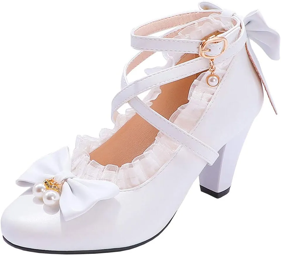 Parisuit Women's Chunky High Heels Ankle Strap Pumps Mary Jane Bow Lace Dress Shoes