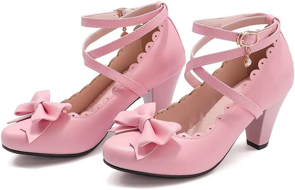 Parisuit Women's Chunky High Heels Ankle Strap Pumps Mary Jane Bow Lace Dress Shoes
