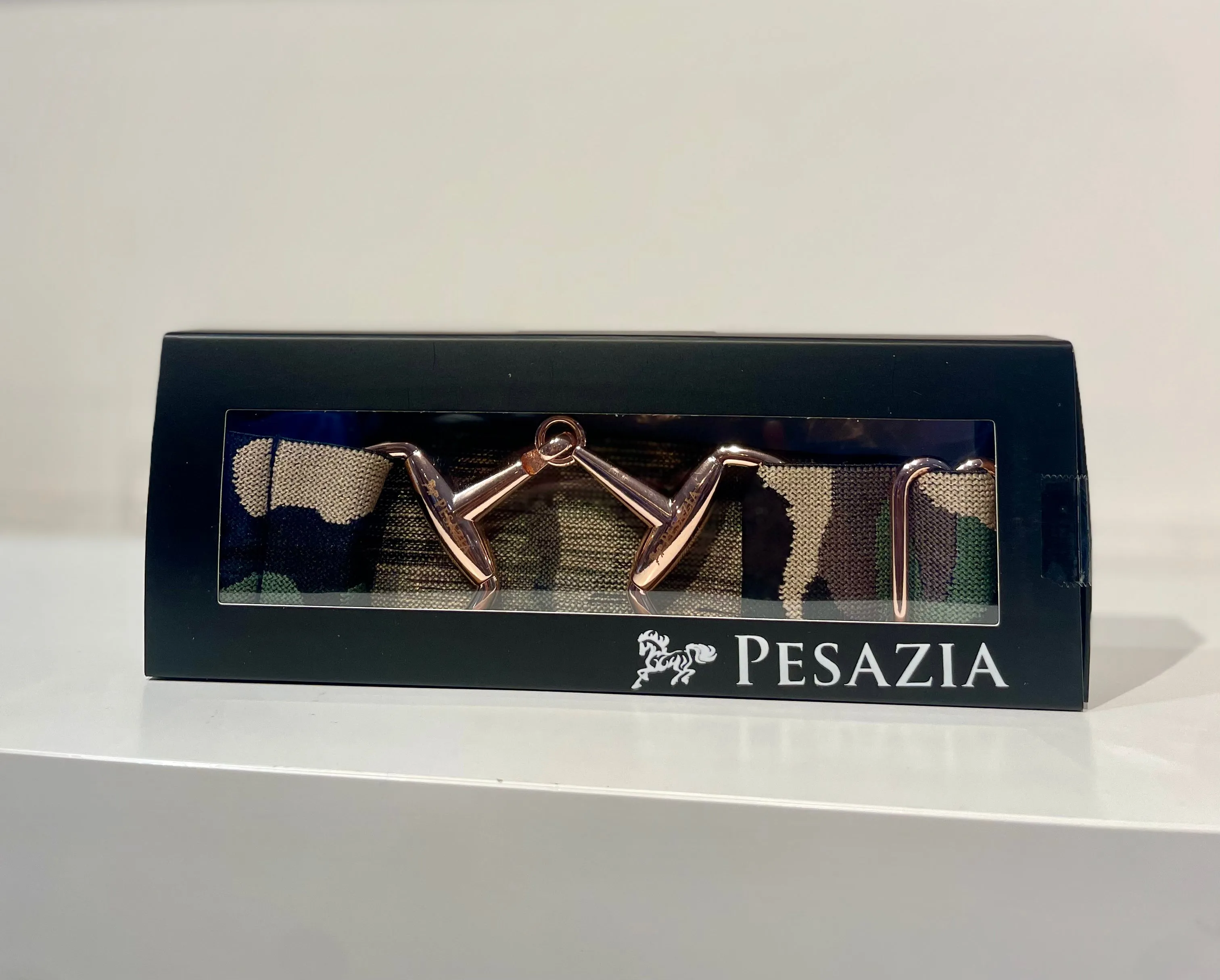 Pesazia - Logo Stretch Bit Belts - Green Camo w/ Rose Gold Snaffle Bit