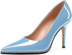 SAMMITOP Women Beaded Pumps Closed Pointed Toe High Heel Slip On Stilettos 3.5 Inch Sexy Heeled Dress Shoes Patent Leather