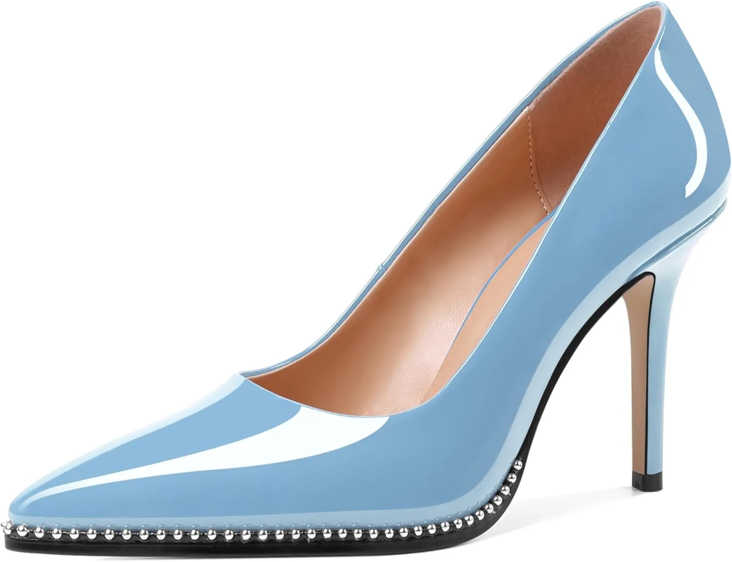SAMMITOP Women Beaded Pumps Closed Pointed Toe High Heel Slip On Stilettos 3.5 Inch Sexy Heeled Dress Shoes Patent Leather