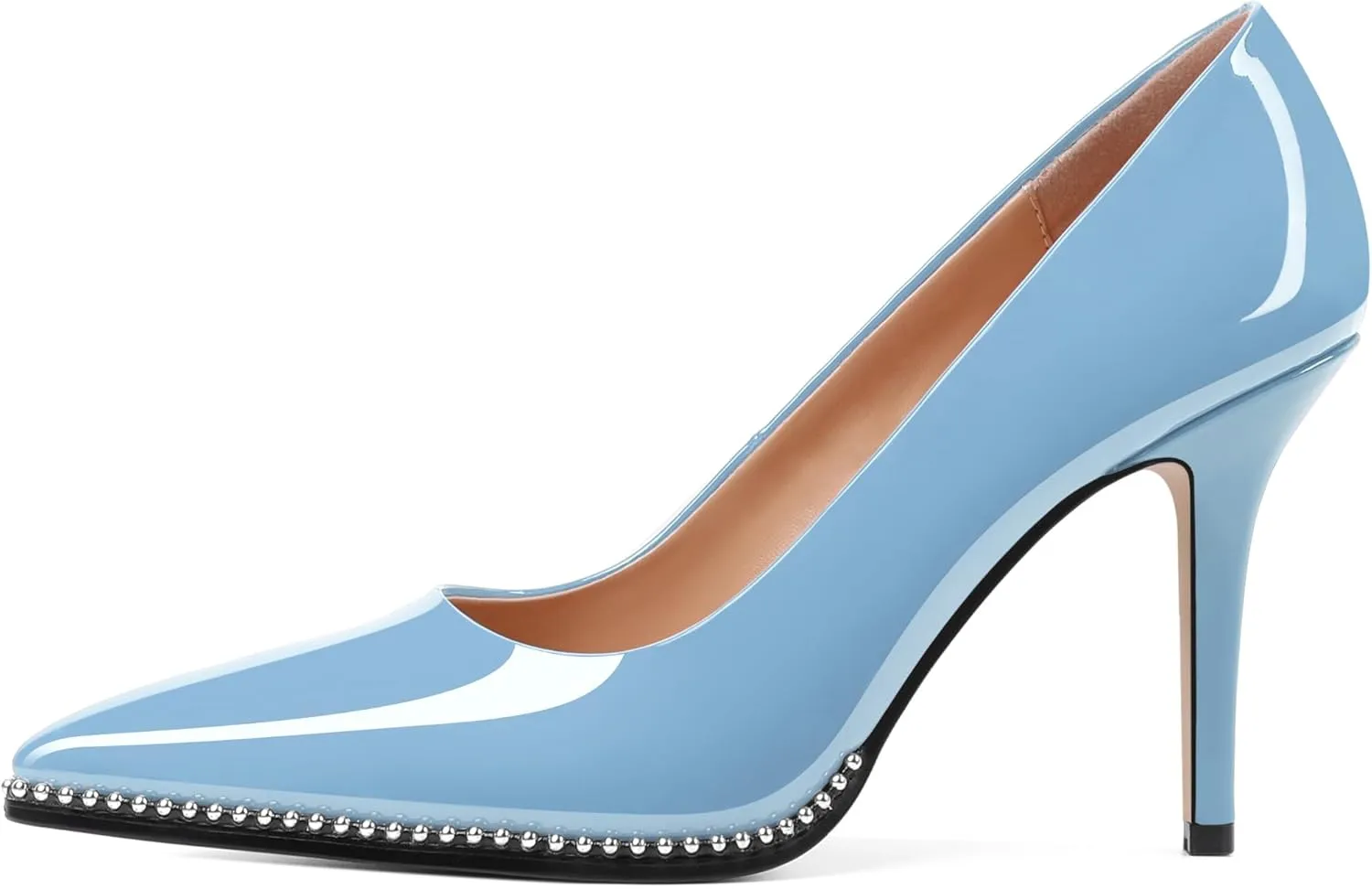 SAMMITOP Women Beaded Pumps Closed Pointed Toe High Heel Slip On Stilettos 3.5 Inch Sexy Heeled Dress Shoes Patent Leather