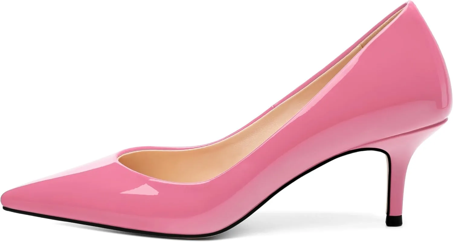 SHOWFOREST Kitten Heels for Women Closed Pointed Toe Patent Leather Low Heel 2.3 Inch Pumps Comfortable Office Party Wedding Slip on Dress Shoes