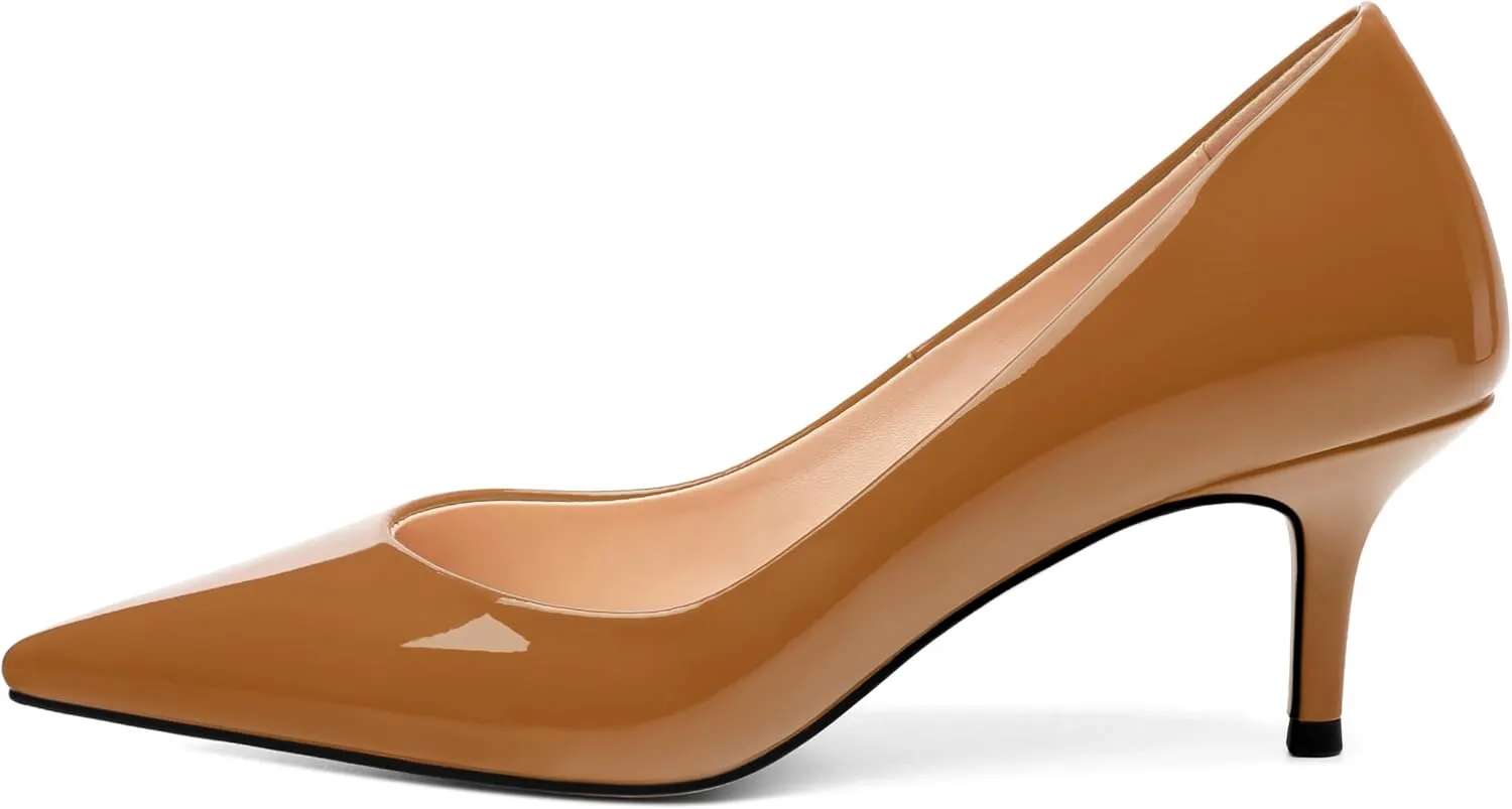 SHOWFOREST Kitten Heels for Women Closed Pointed Toe Patent Leather Low Heel 2.3 Inch Pumps Comfortable Office Party Wedding Slip on Dress Shoes