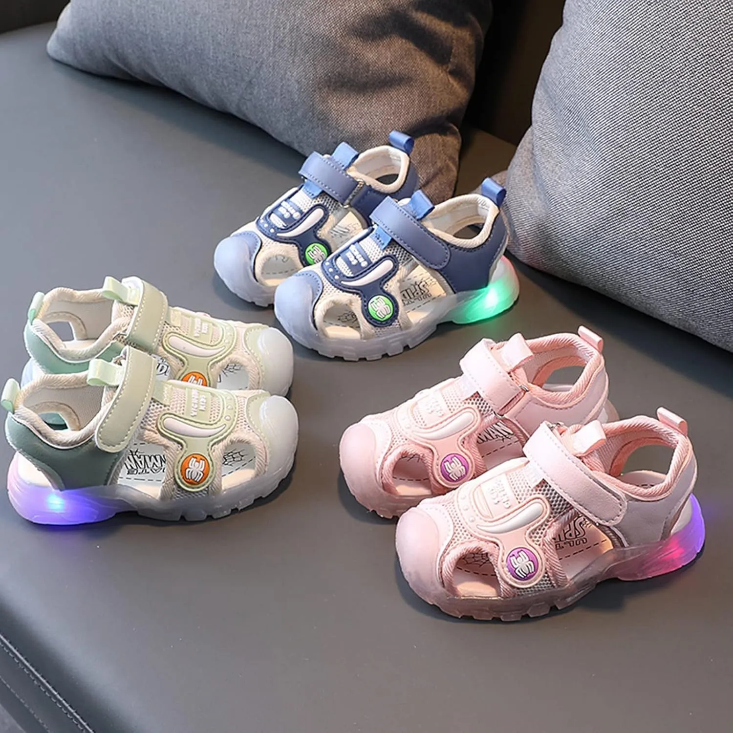Toddler Cartoon Light Up Sandals Boys Girls Closed Toe Summer Beach Shoes Luminous Soft Sole Non Slip Sneakers