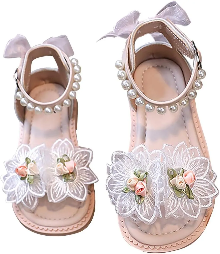 Toddler Girl Sandal Flower Bow Pearl Dress Shoes Non Slip Open Toe Summer Sandals Double Strap Casual Shoes