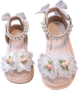 Toddler Girl Sandal Flower Bow Pearl Dress Shoes Non Slip Open Toe Summer Sandals Double Strap Casual Shoes