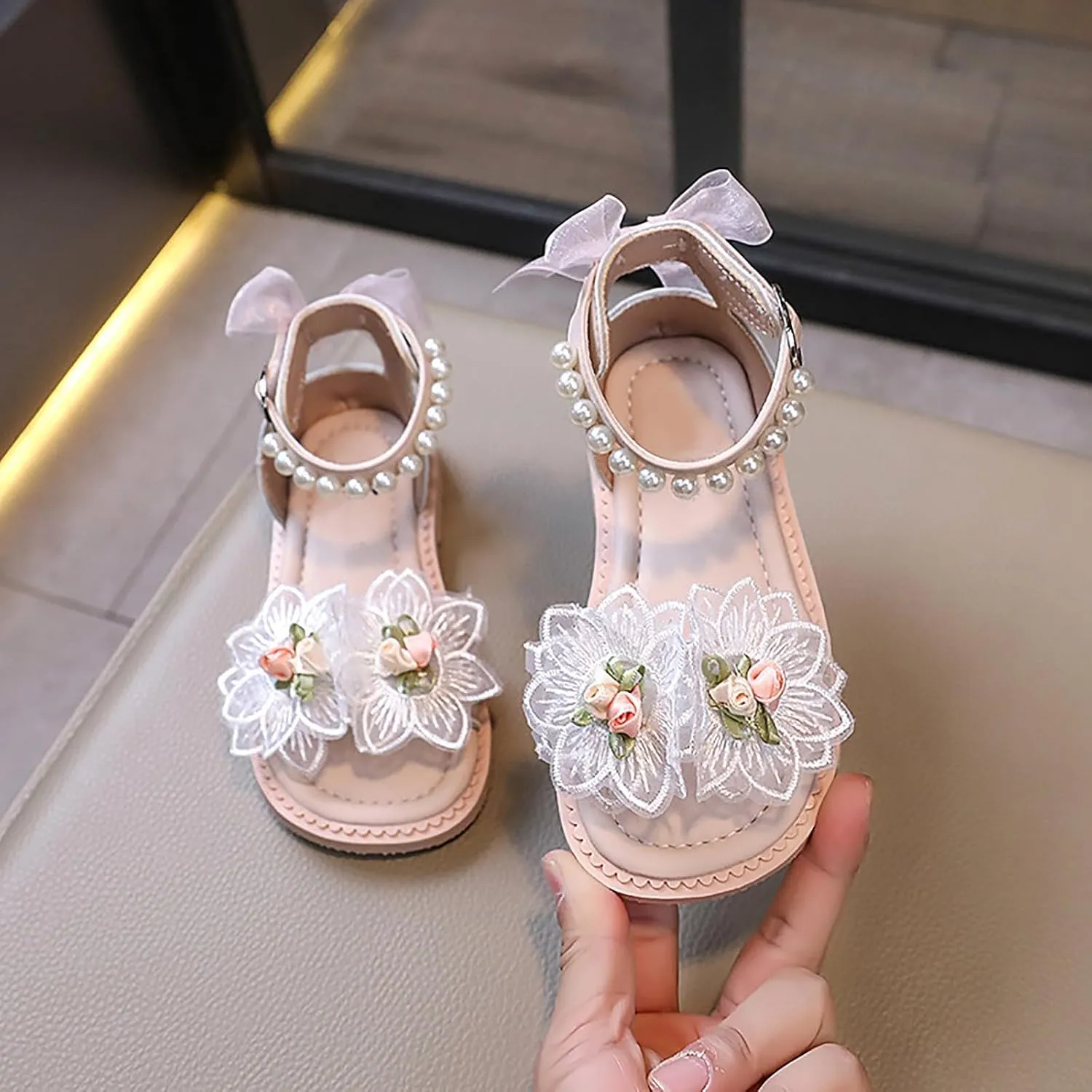 Toddler Girl Sandal Flower Bow Pearl Dress Shoes Non Slip Open Toe Summer Sandals Double Strap Casual Shoes