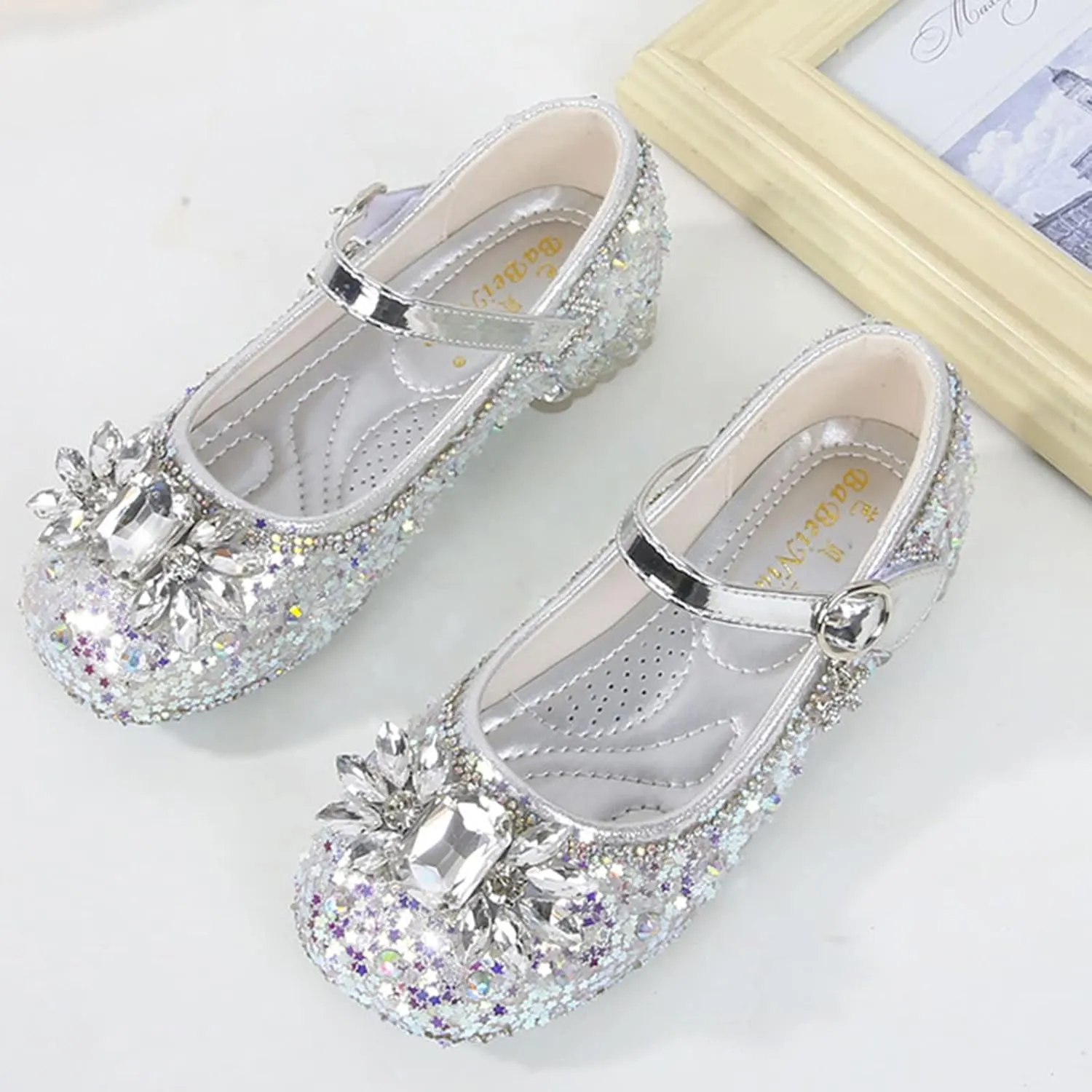Toddler Girl Shoes Little Kids Glitter Sequins Princess Dress Shoes Low Heels Rhinestone Buckle Mary Jane Sandals