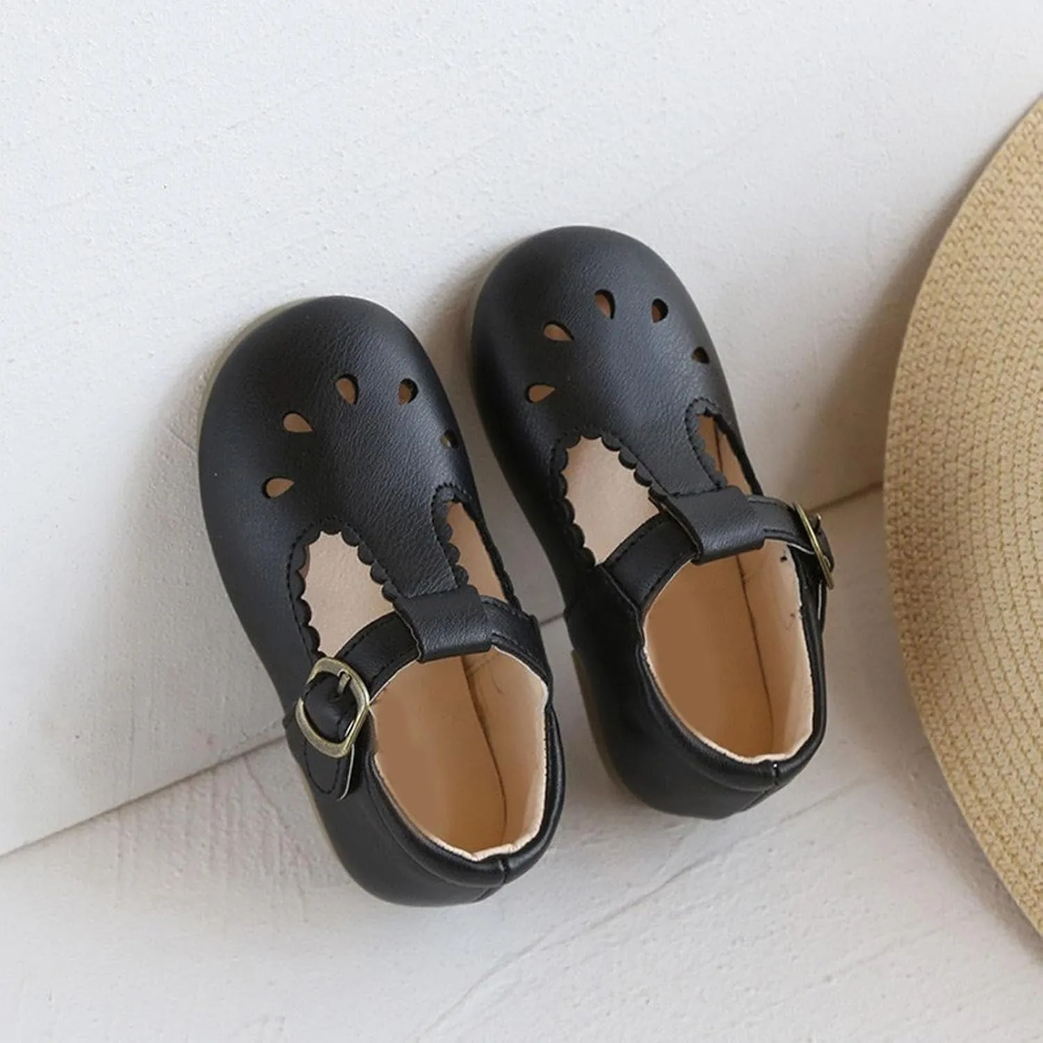 Toddler Girl T Strap Mary Jane Dress Shoes, Kids Closed Toe Hollow Buckle Slip On Platform School Uniform Shoes