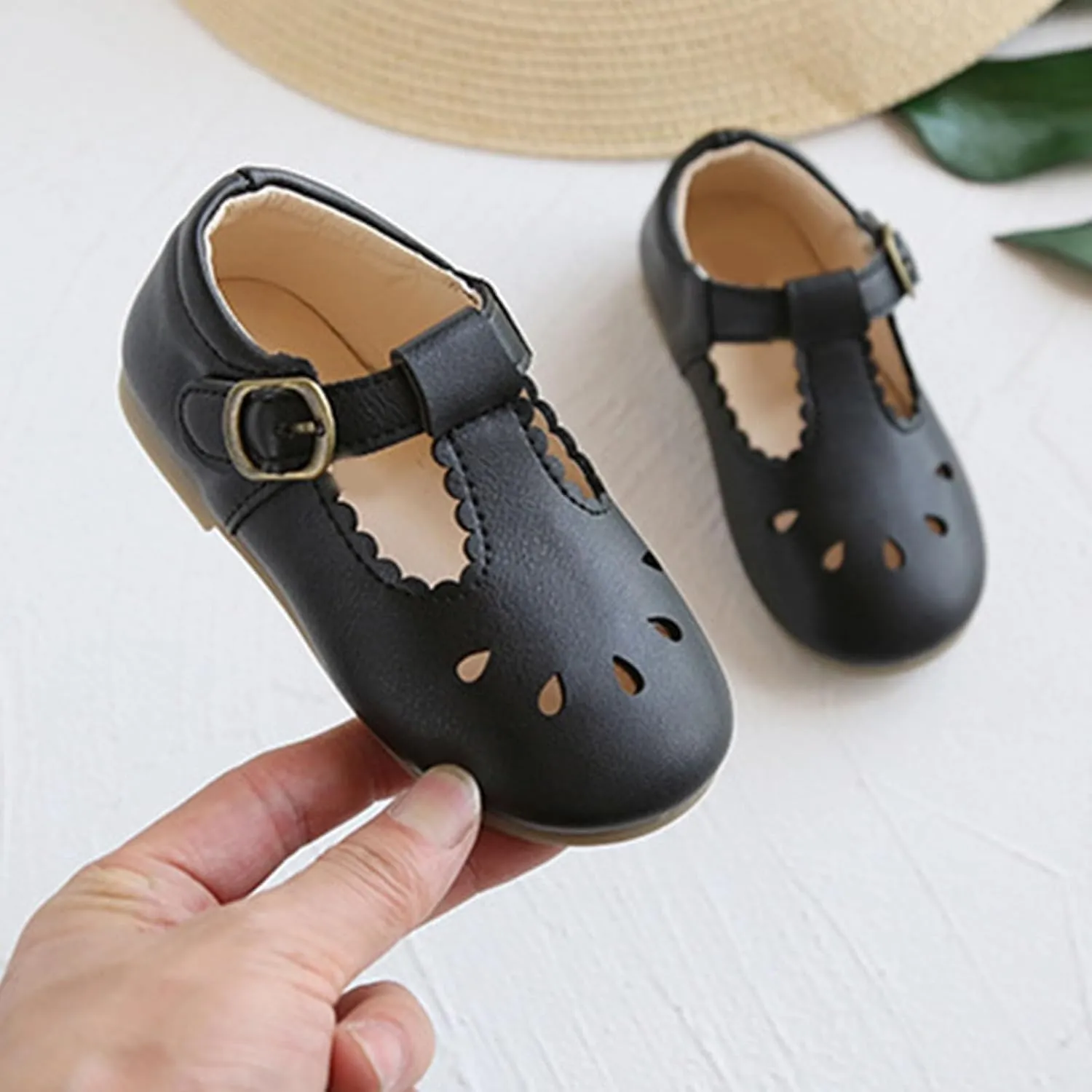 Toddler Girl T Strap Mary Jane Dress Shoes, Kids Closed Toe Hollow Buckle Slip On Platform School Uniform Shoes