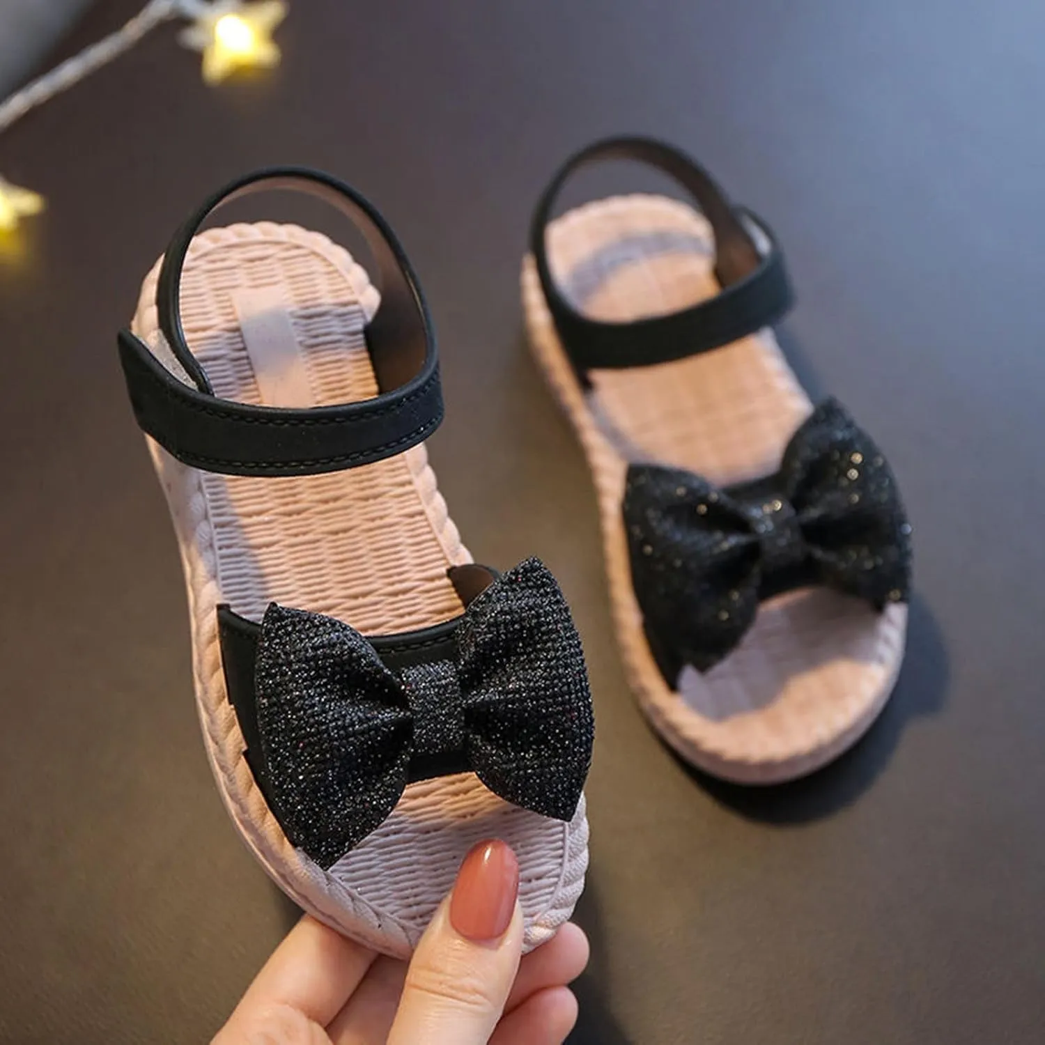 Toddler Girls Beach Sandals Bowknot Flat Princess Shoes Soft Sole Non Slip Infant First (Black, 12.5 Little Child)