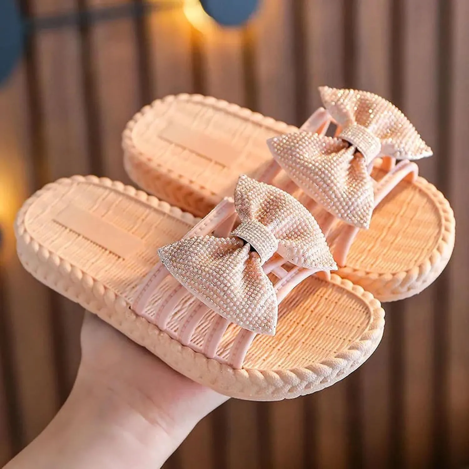Toddler Girls Bow Beach Pool Slippers Sandals Baby Kids Open Toe Non Slip Slides Shoes Summer Shower Slippers